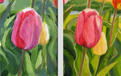 Comparing pink and yellow tulip painting detail.©2022 Tina M.Welter