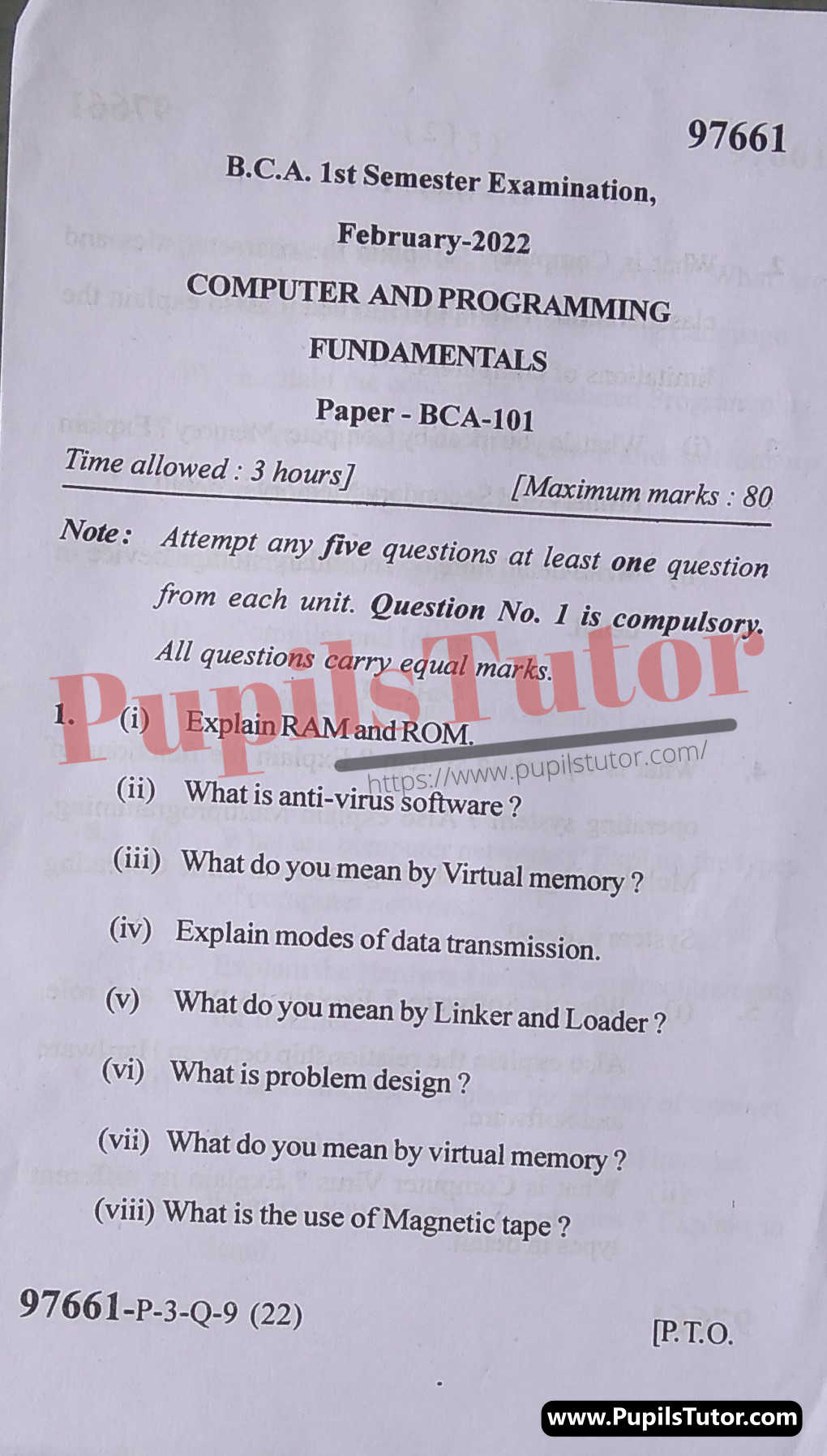 MDU (Maharshi Dayanand University, Rohtak Haryana) BCA Regular Exam First Semester Previous Year Computer And Programming Fundamentals Question Paper For February, 2022 Exam (Question Paper Page 1) - pupilstutor.com