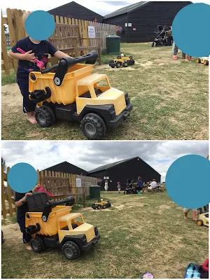 Photographs showing a toy truck in the foreground and warehouses in the background. One taken with the wide angle lens showing more in shot