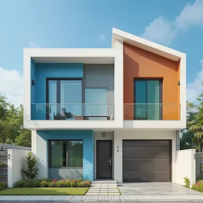 Uma Ilustração mostrando lixeiras coloridas de coleta seletiva para papel, plástico, vidro e metal em uma casa sustentável.