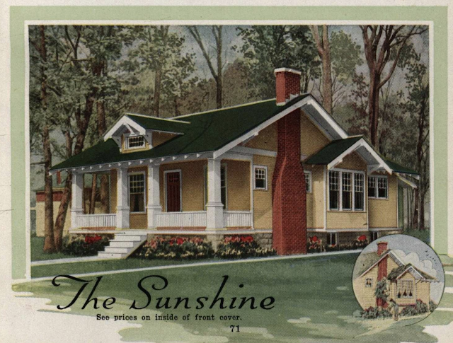 color catalog image of yellow side gable bungalow with small front dormer, white trim, Aladdin Sunshine, 1918 Aladdin Homes catalog