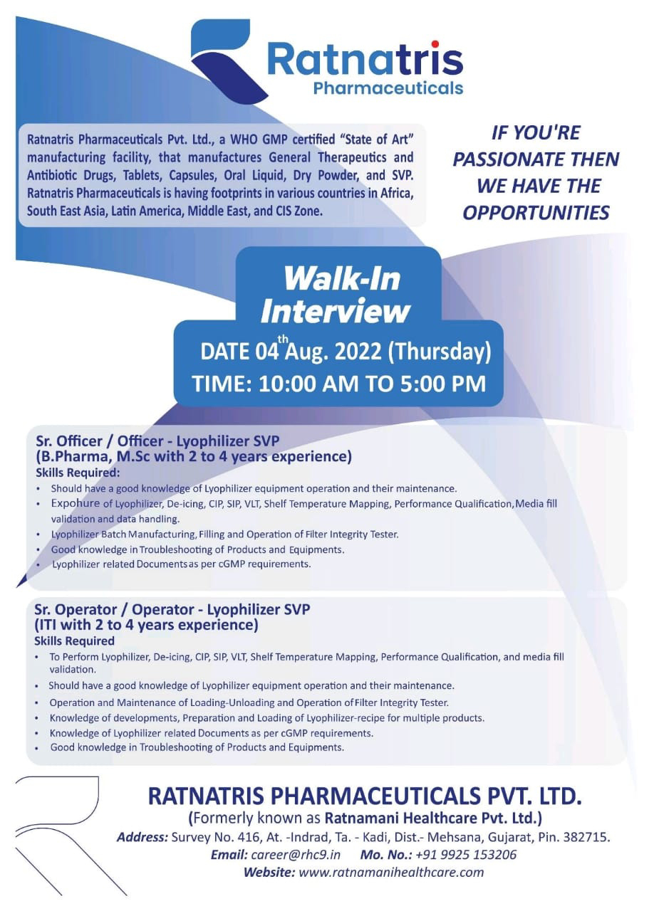 Job Available's for Ratnatris Pharmaceuticals Pvt Ltd Walk-In Interview for B Pharm/ MSc/ ITI