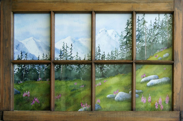 Danielle Beaulieu watercolour in old window frame