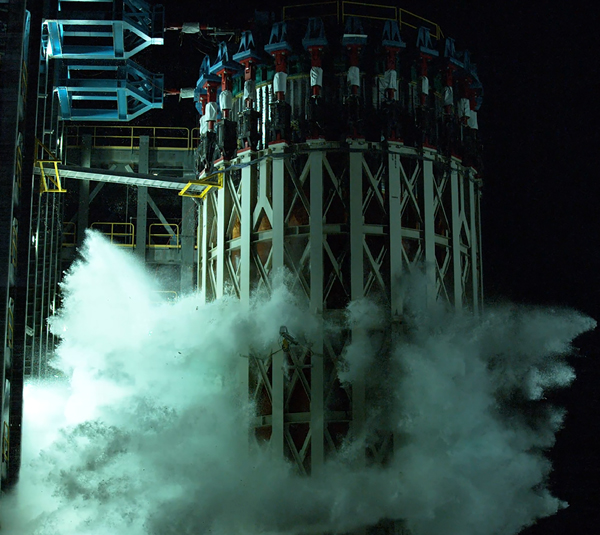 Water gushes out of the structural article for the Space Launch System's liquid oxygen fuel tank after it is successfully tested to failure at NASA's Marshall Space Flight Center in Alabama...on June 24, 2020.