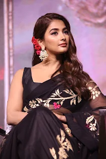 Pooja Hegde Saree Stills at Acharya Movie Press Meet