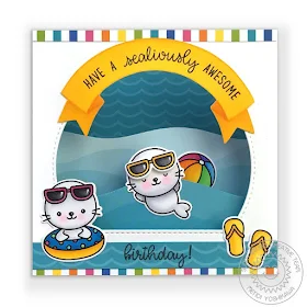 Sunny Studio Blog: Seal with Ocean Waves Shadow Box Pop-up Interactive Card (using Sealiously Sweet, Banner Basics & Happy Thoughts Stamps, Stitched Semi-Circle Dies, Summer Splash Paper)