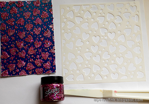 Layers of ink - Glittery Valentine's Day Card Tutorial by Anna-Karin Evaldsson. Apply Ranger Stickles Glitter Gel through stencil.