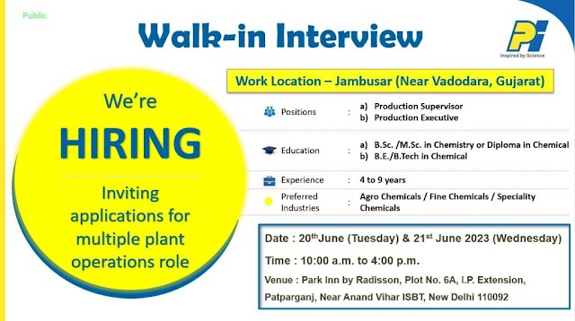 PI Industries | Walk-in Interview for Production on 20th & 21st June 2023