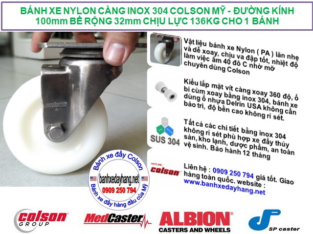 Bánh xe đẩy chuyển hướng càng Inox 304 Colson 4 inch | 2-4456-254 www.banhxedayhang.net