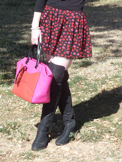 over the knee boots, patterned skirt, and Kate Spade beau bag