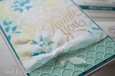 This fun Thank You card is perfect for spring or summer.  The layered greens and aqua colors are gorgeous mixed with the gold and sparkle.  Created using the Fun Stampers Journey Everyday Script Stamp set, Branch ATS, and Summer Branch Die.  