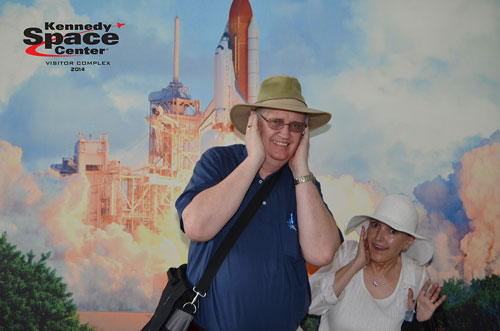 Resident Astronomers pose for photo at Kennedy Space Center in April 2014, beware of hearing damage due to rocket blast  (Source: Palmia Observatory)