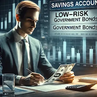 "A cautious investor reviewing savings and bonds, emphasizing low-risk financial stability."