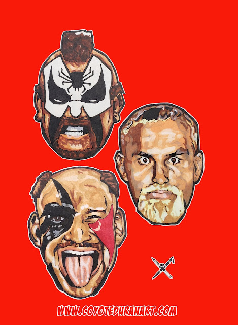 The Legion of Doom/The Road Warriors: Road Warrior Animal, Precious Paul Ellering and Road Warrior Hawk. Micron pen, Pentel Pocket Brush pen and Copic Marker on 5.5" X 8.5" sketch paper. Art by Coyote Duran