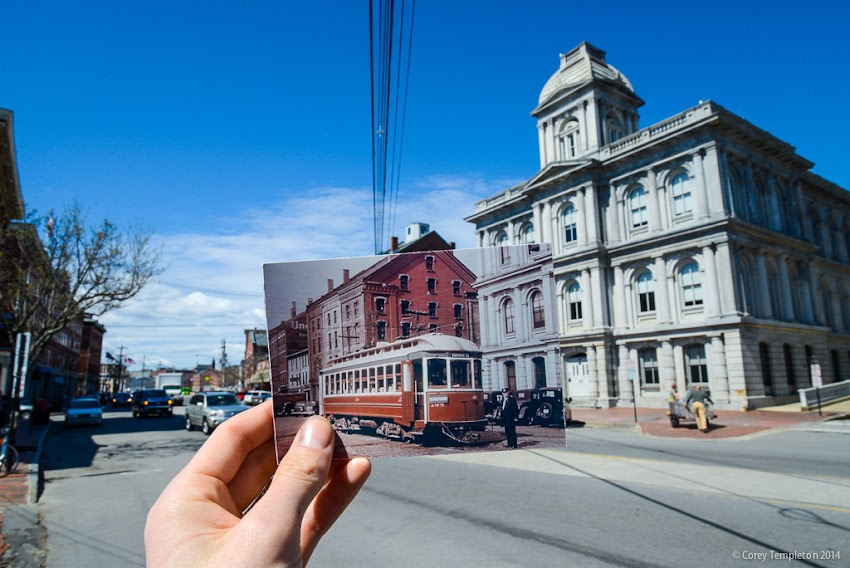 Portland, Maine USA May 2014 photo by Corey Templeton of streetcar trolley on Commercial Street in the Old Port in front of the US Custom House.