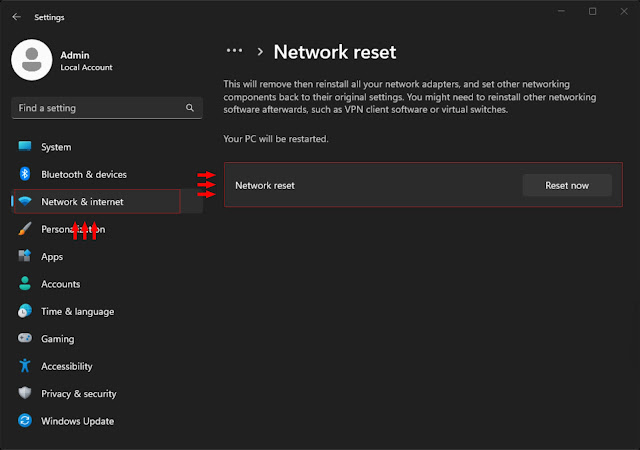 Reset Now pada menu Network Reset Windows 10