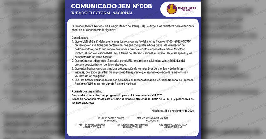 COMUNICADO CMP: Sobre suspensión de Elecciones Generales del domingo 26 de noviembre - Colegio Médico del Perú - www·cmp·org·pe