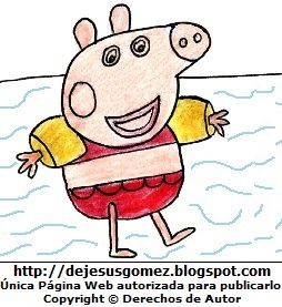 Dibujo de Peppa La Cerdita o Peppa Pig en la piscina pintado a colores. Dibujo de Peppa hecho por Jesus Gómez