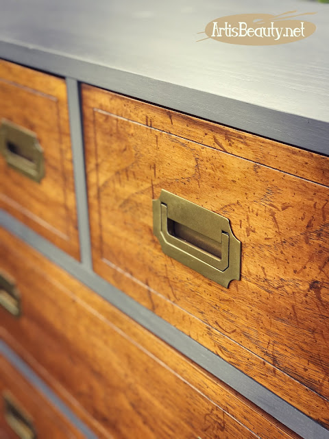 Classic campaign style dresser given a makeover using General finishes milk paint in driftwood gray