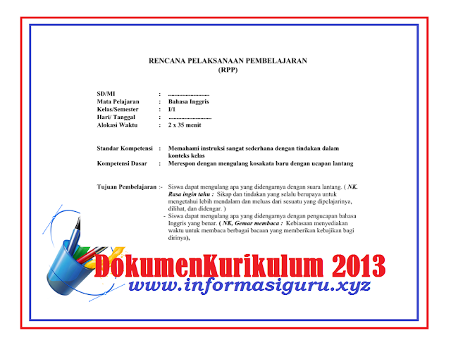 RPP Bahasa Inggris Kelas 1 2 3 4 5 6 Kurikulum 2013