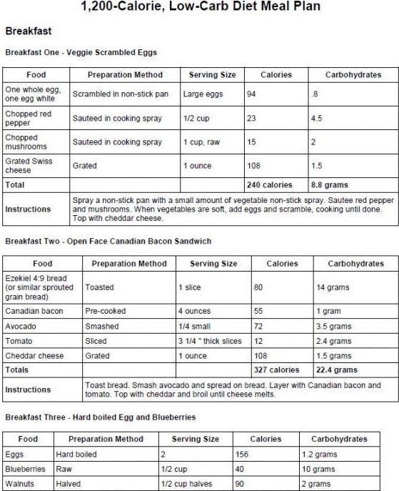 easy low carb 1200 calorie diet plan