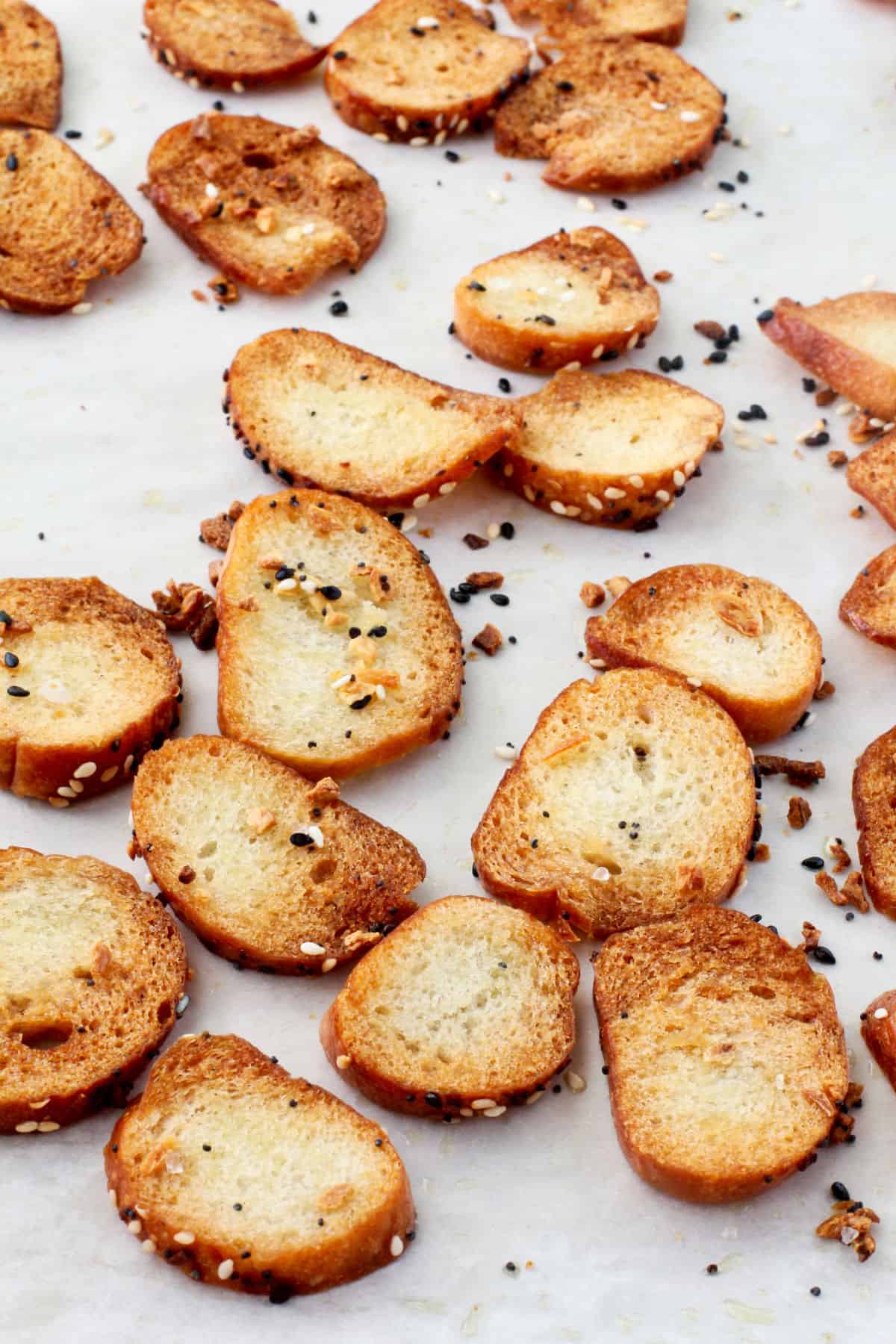 Bagel Chips from Leftover Bagels on a baking sheet.