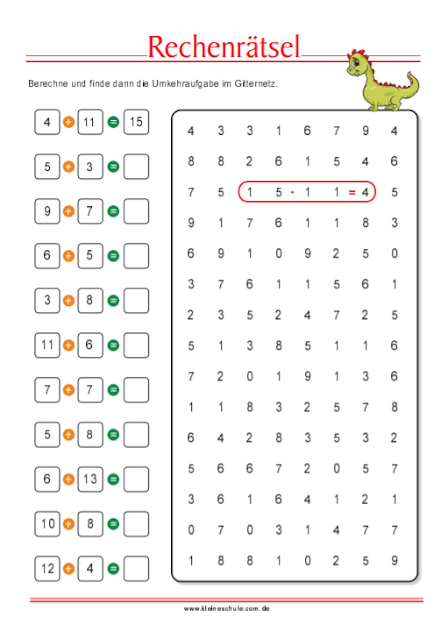 Matheaufgaben für 1. Klasse Grundschule Gemischte Aufgaben