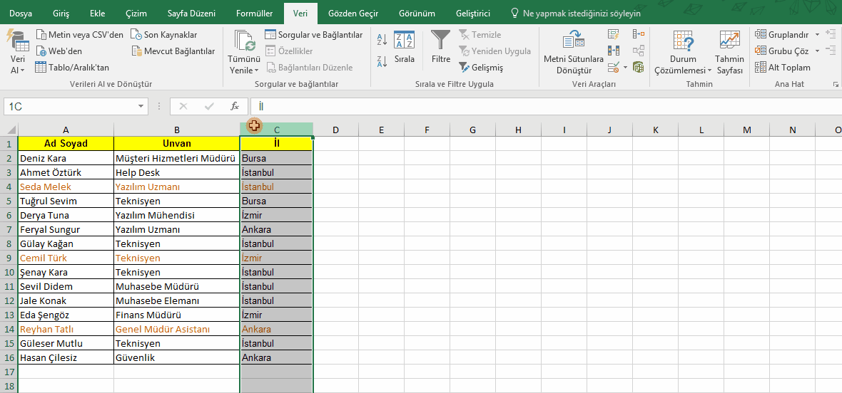 Excel - Seçimi genişlet