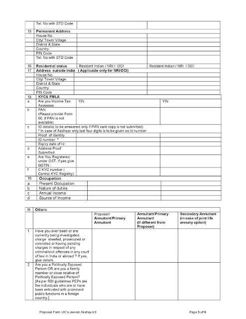 LIC Jeevan Akshay plan - LIC plan  -  Proposal Form No. 440 (Rev 2020) - LIC Jeevan Akshay VII proposal - LIC application form