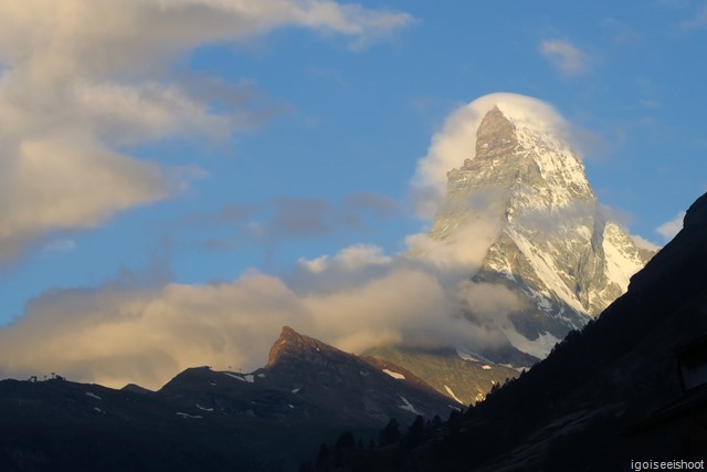 Matterhorn at daybreak. The Matterhorn shrouded in its “bridal veil”.