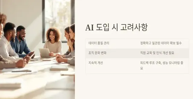AI-도입-시-고려사항:-데이터-품질-관리,-조직-문화-변화,-지속적-개선