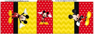 Mickey en Fondo Amarillo con Zigzags y Rojo con Lunares: Etiquetas para Candy Bar para Imprimir Gratis.