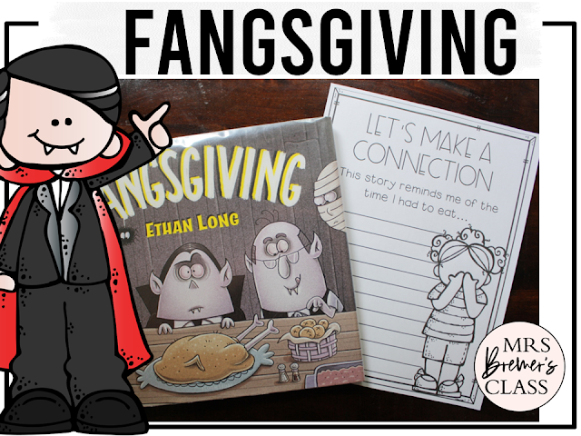 Fangsgiving book activities unit with printables, literacy companion activities, reading worksheets, and a craft for Thanksgiving in Kindergarten and First Grade