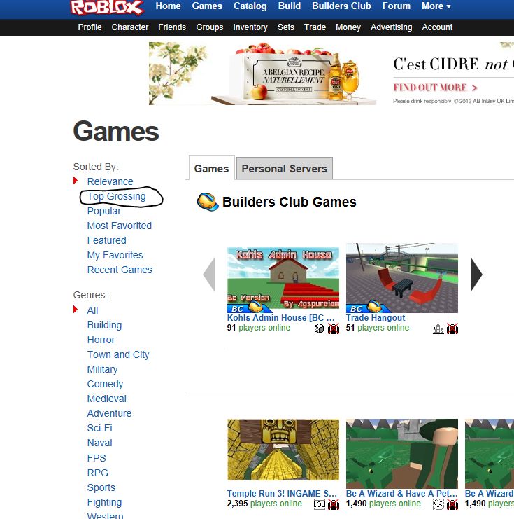 Unofficial Roblox Roblox Update Their Games Page With Top Grossing Feature - top roblox games not made by builders club