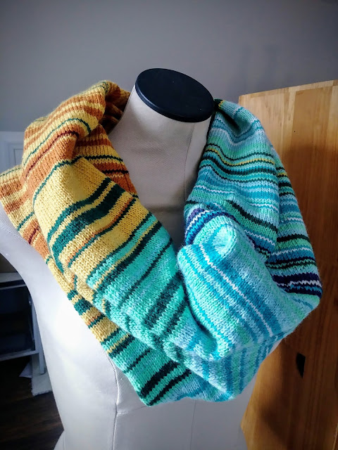 Knitted 2018 Temperature guide scarf sewn into a cowl.