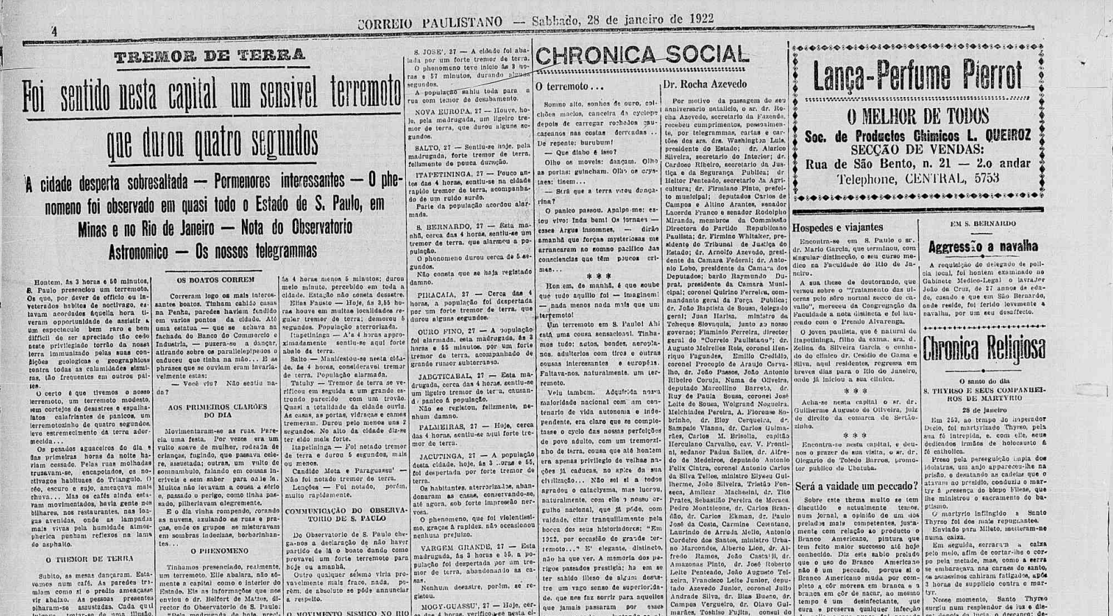 Notícia do tremor de terra no interior de São Paulo no Jornal Correio Paulista em 28/1/1922 na edição 21038.