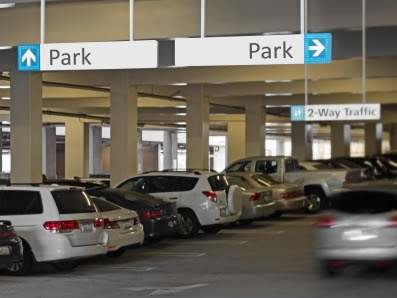 inside view of an enclosed parking structure.