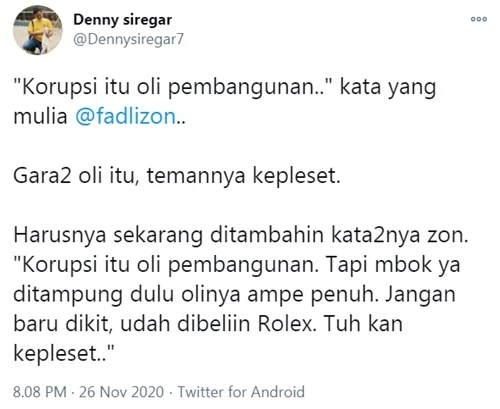 Soal OTT Edhy Prabowo, Denny Siregar Sindir Fadli Zon: Gara-gara Oli Itu, Temannya Kepleset