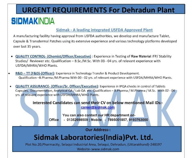 Urgent Requirement for R&D – TT / QC / QA Departments @ Sidmak Laboratories (India) Pvt. Ltd AndhraShakthi - Pharmacy Jobs