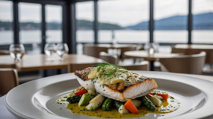 Grilled haddock with dill sauce and seasonal vegetables served at a modern seaside restaurant in Gävle – fresh Baltic seafood in Sweden