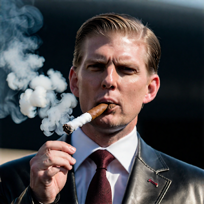 Eric Trump wearing a black leather blazer and smoking a cigar with a long Ash on it flowing out smoke
