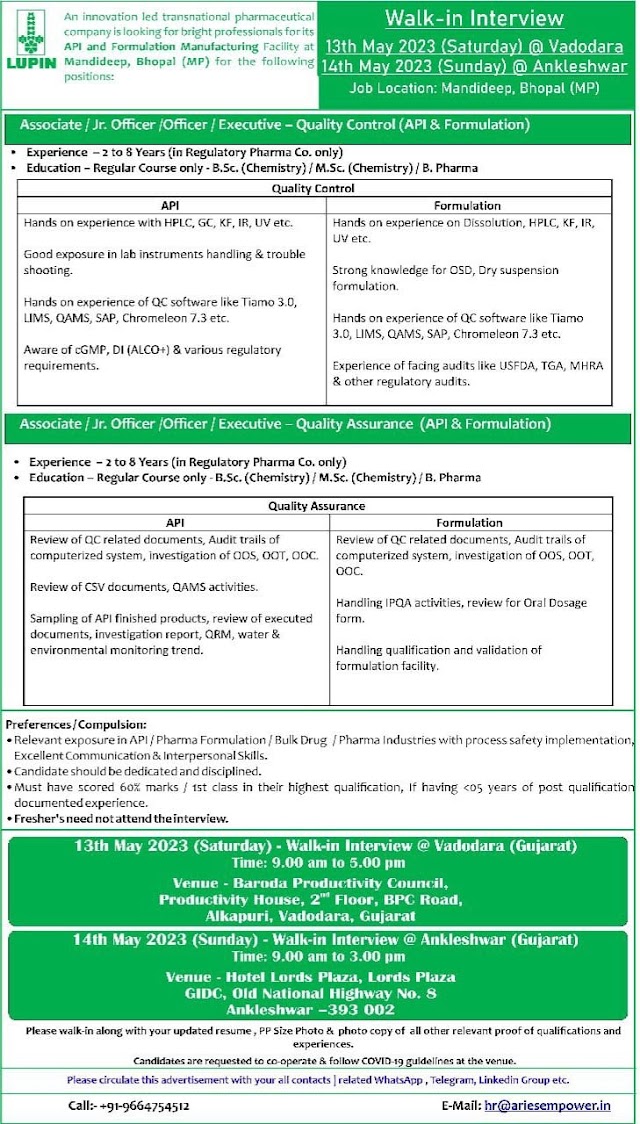 Lupin Pharmaceuticals | Walk-in Interview for Production & QC on 13th & 14th May 2023