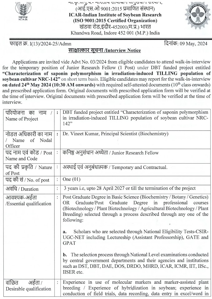 IISR Indore Soybean Molecular Biology JRF Walk IN