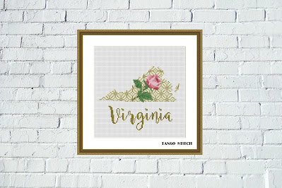 Virginia USA state map flower ornament cross stitch pattern