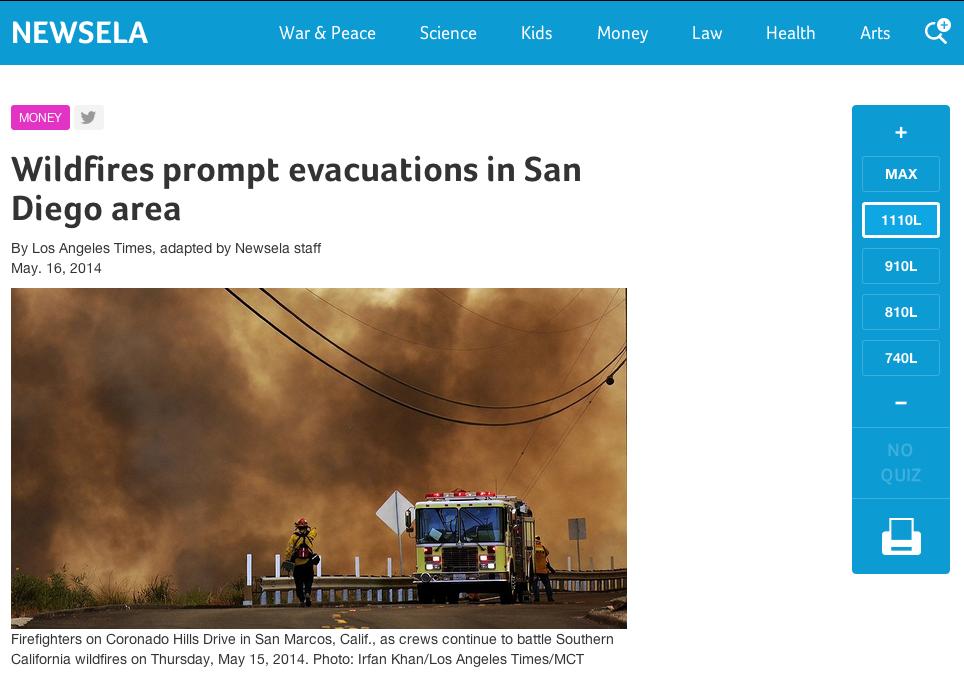 nesela.com, front page showing an article about wildfires in San Diego with picture and caption