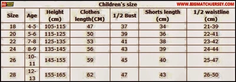 Ukuran Size Jersey Kids atau Setelan Anak-anak Grade Original