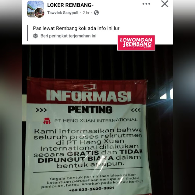 Pabrik Tas PT Hengxuan International Rembang Buka Lowongan Kerja Gratis dan Tidak Dipungut biaya