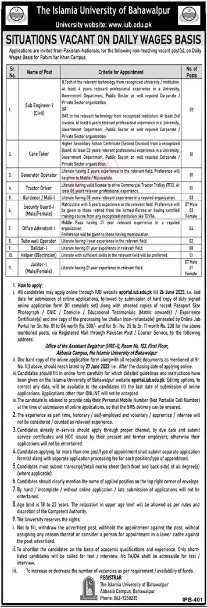 Islamia University of Bahawalpur IUB Jobs 2023 Latest Advertisement