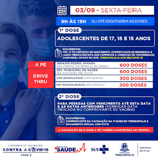 Teresópolis vacina adolescentes de 17 a 15 anos na sexta 03