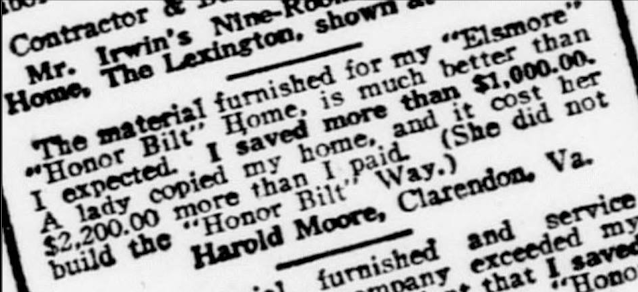 black and white image of the wording from Sears Elsmore testimonial in 1924 from Harold Moore, for his 1922 Sears Elsmore at 3320 3rd St North, Arlington Virginia